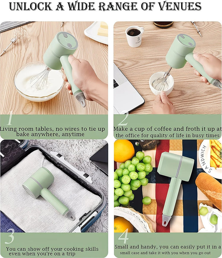 Green Wireless charging handheld mixer, 30W with three-speed settings. Dual whisk heads designed for whipping eggs, cream, and batter. Suitable for both kitchen and outdoor use, also an ideal gift. - Flavour Fushion Cooking Shop