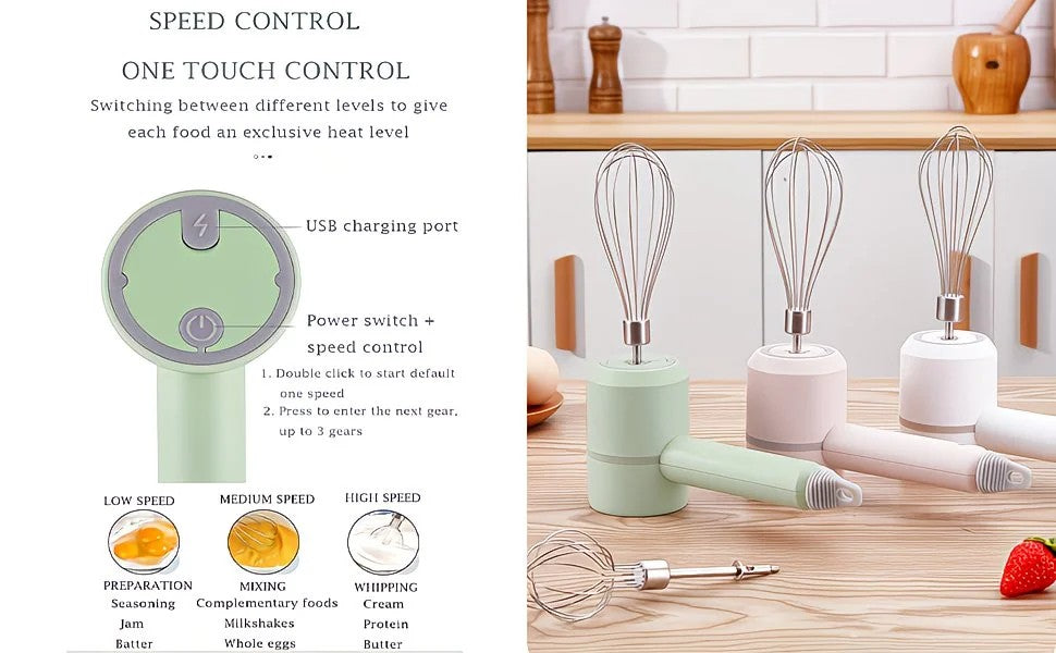 Green Wireless charging handheld mixer, 30W with three-speed settings. Dual whisk heads designed for whipping eggs, cream, and batter. Suitable for both kitchen and outdoor use, also an ideal gift. - Flavour Fushion Cooking Shop