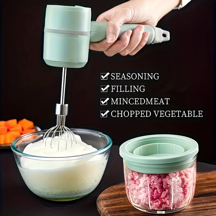 Green Wireless charging handheld mixer, 30W with three-speed settings. Dual whisk heads designed for whipping eggs, cream, and batter. Suitable for both kitchen and outdoor use, also an ideal gift. - Flavour Fushion Cooking Shop