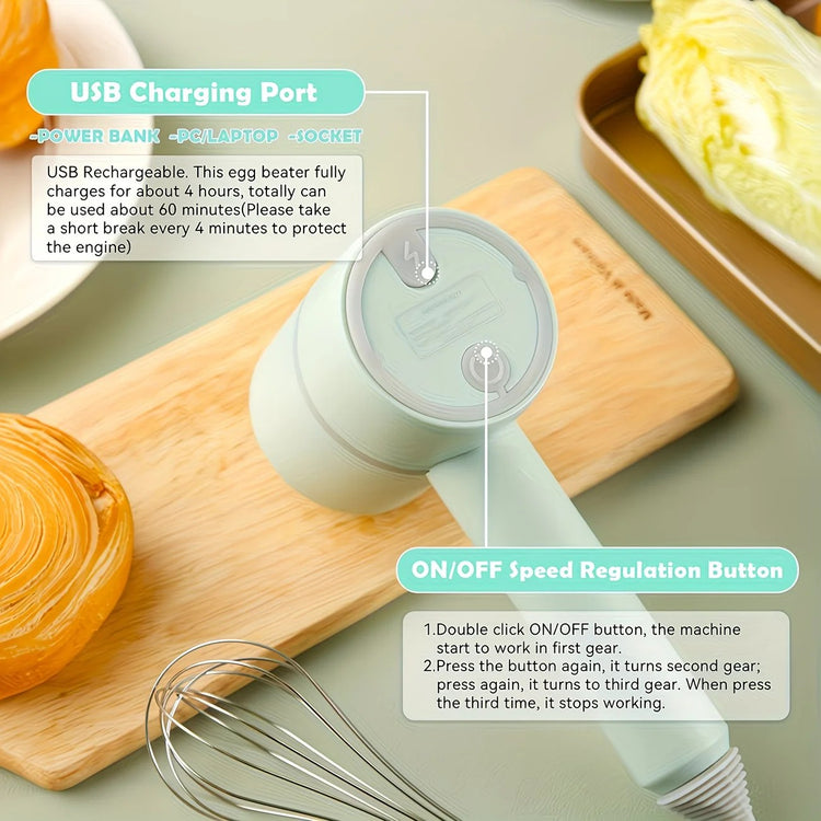 Green Wireless charging handheld mixer, 30W with three-speed settings. Dual whisk heads designed for whipping eggs, cream, and batter. Suitable for both kitchen and outdoor use, also an ideal gift. - Flavour Fushion Cooking Shop
