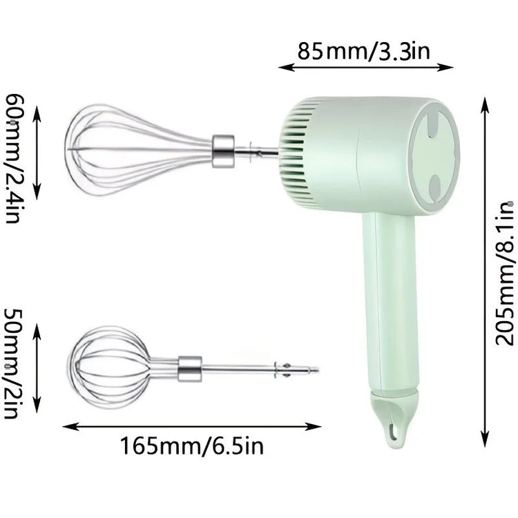 Green Wireless charging handheld mixer, 30W with three-speed settings. Dual whisk heads designed for whipping eggs, cream, and batter. Suitable for both kitchen and outdoor use, also an ideal gift. - Flavour Fushion Cooking Shop