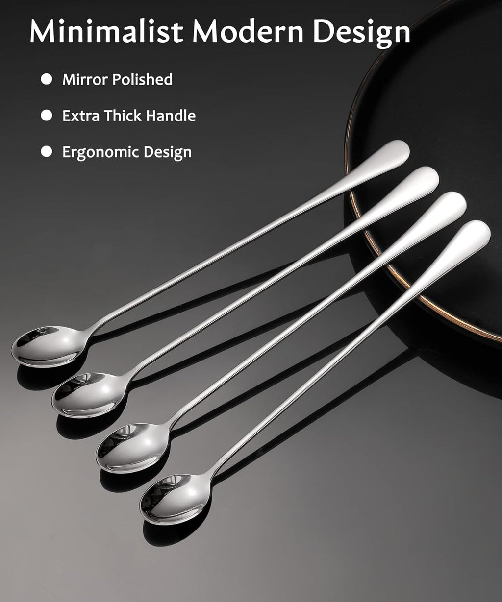 9.5-Inch Long Handle Iced Tea Spoon, Coffee Spoons, Ice Cream Spoons, Stainless Steel Cocktail Stirring Spoons, Set of 4