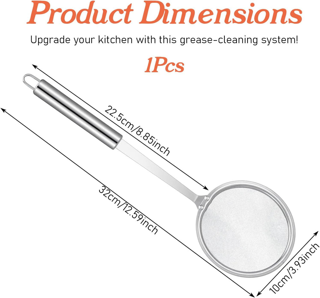 Stainless Steel Fat Skimmer Spoon 4” Fine Mesh Strainer with 9” Heat-Resistant Handle Grease Strainer Spoon Fat Separator for Cooking Frying Quinoa Soup Miso Foam Grease
