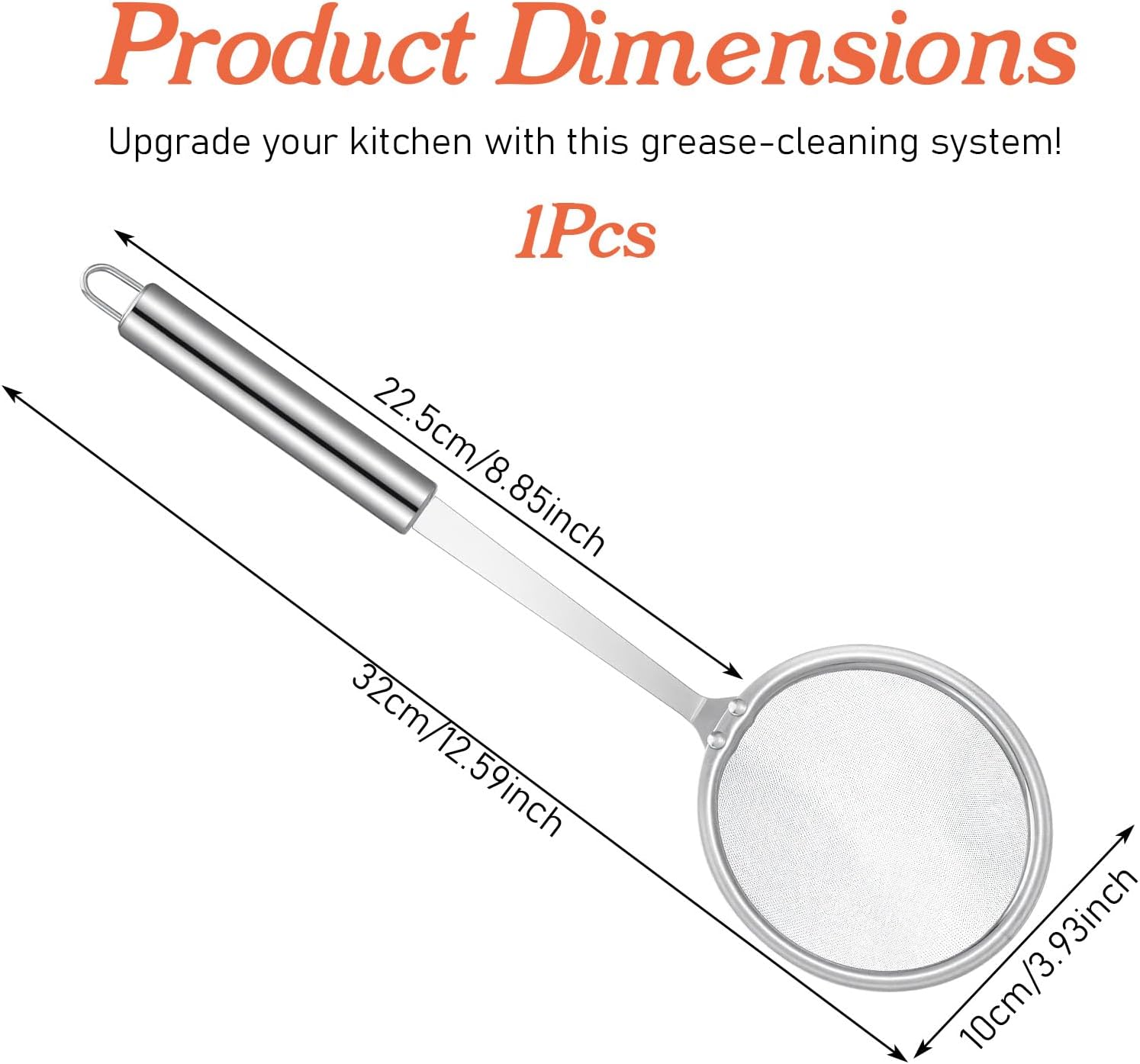 Stainless Steel Fat Skimmer Spoon 4” Fine Mesh Strainer with 9” Heat-Resistant Handle Grease Strainer Spoon Fat Separator for Cooking Frying Quinoa Soup Miso Foam Grease