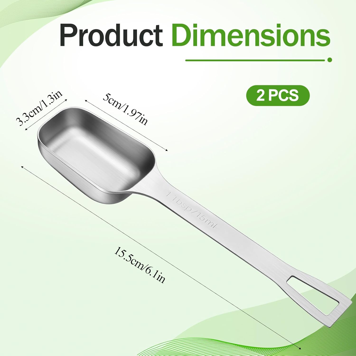 2 Pcs 1 Tablespoon, Stainless Steel Single Long Handle Measuring Spoon Scoop for Coffee Spices Tea Sugar, Dishwasher Safe Rust-Resistant Kitchen Gadgets for Cooking Baking (1tbsp, 3tsp, 15ml, 1/2oz)