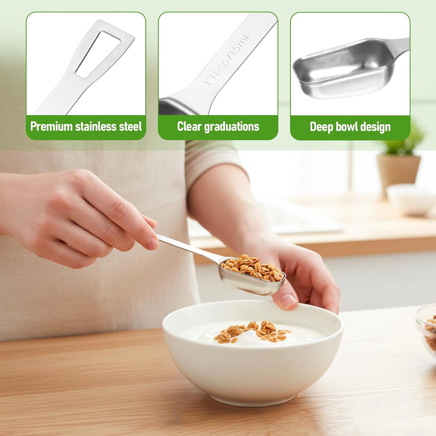 2 Pcs 1 Tablespoon, Stainless Steel Single Long Handle Measuring Spoon Scoop for Coffee Spices Tea Sugar, Dishwasher Safe Rust-Resistant Kitchen Gadgets for Cooking Baking (1tbsp, 3tsp, 15ml, 1/2oz)