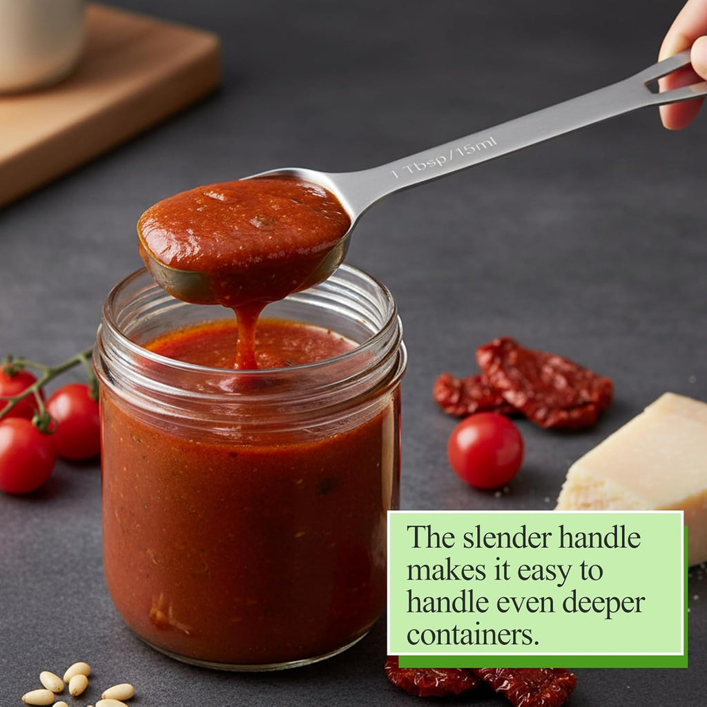 2 Pcs 1 Tablespoon, Stainless Steel Single Long Handle Measuring Spoon Scoop for Coffee Spices Tea Sugar, Dishwasher Safe Rust-Resistant Kitchen Gadgets for Cooking Baking (1tbsp, 3tsp, 15ml, 1/2oz)