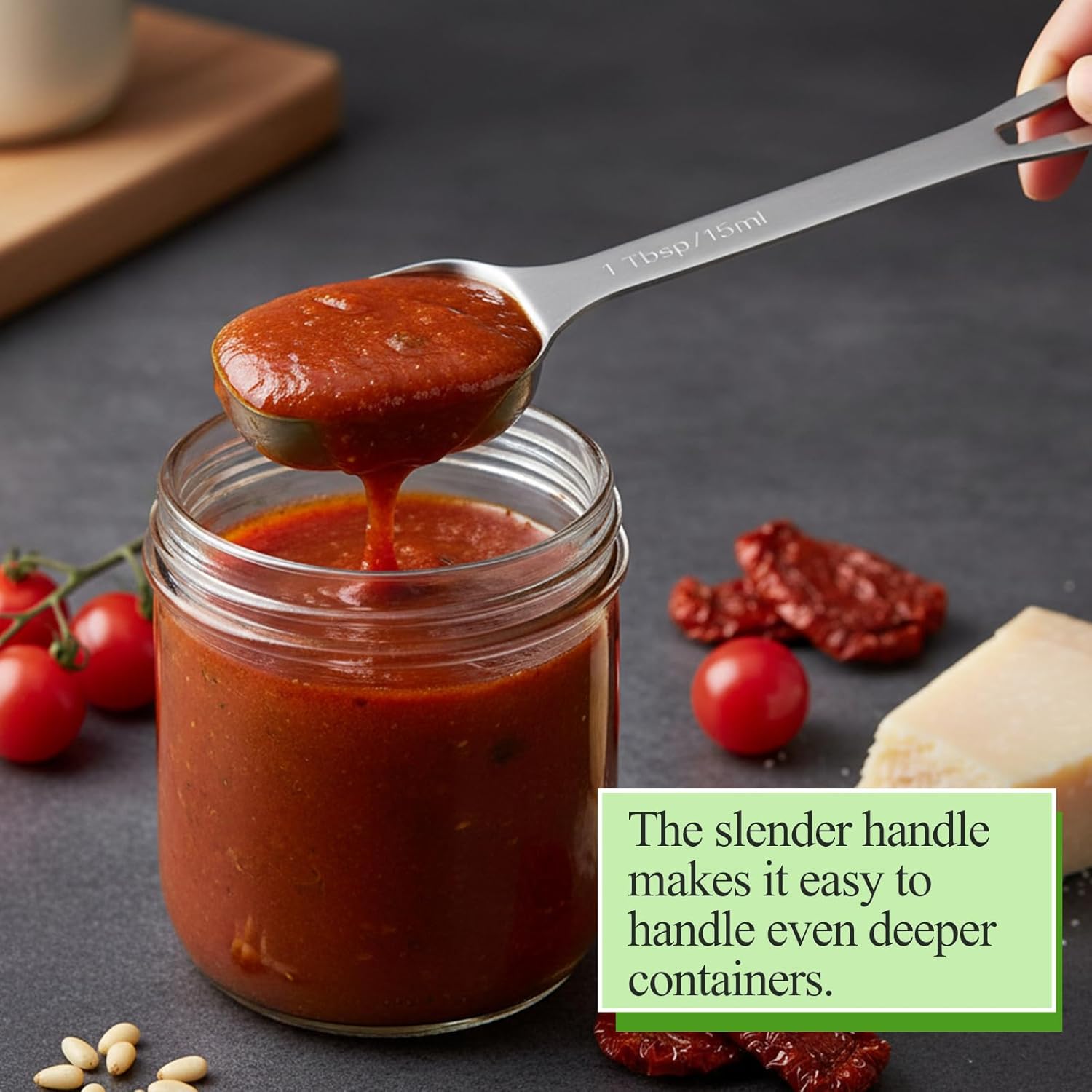 2 Pcs 1 Tablespoon, Stainless Steel Single Long Handle Measuring Spoon Scoop for Coffee Spices Tea Sugar, Dishwasher Safe Rust-Resistant Kitchen Gadgets for Cooking Baking (1tbsp, 3tsp, 15ml, 1/2oz)
