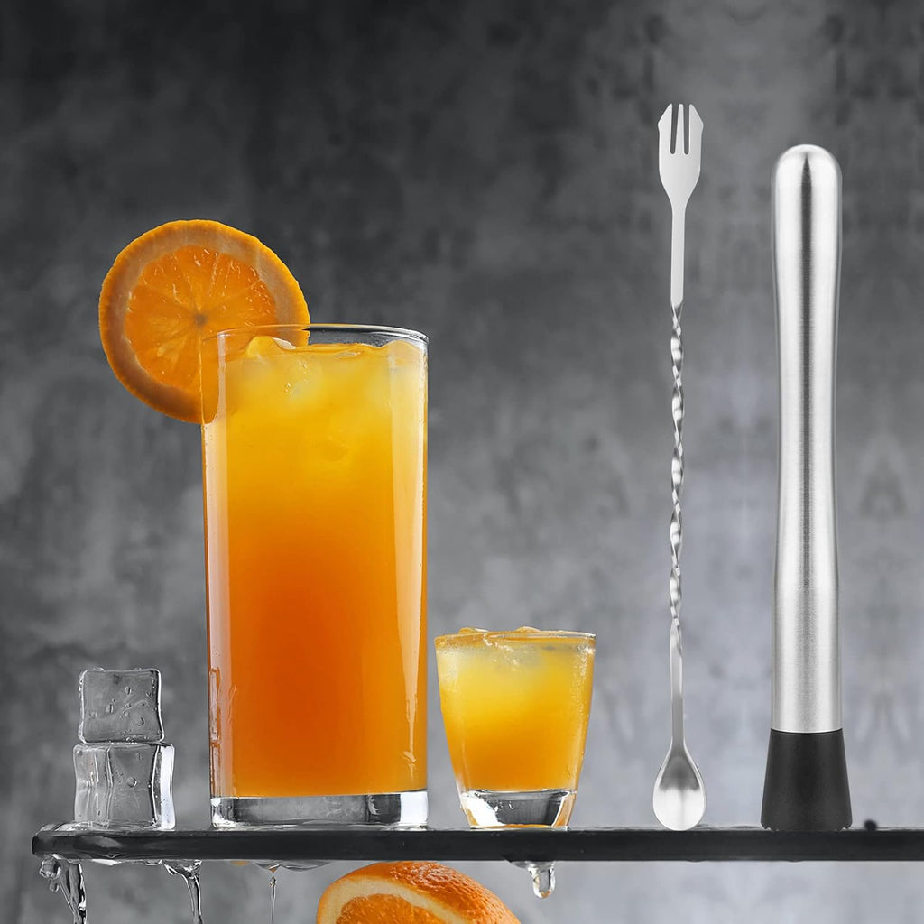 Muddler for Cocktails, 10" Muddler and Long Handle Bar Cocktail Mixing Spoon, Stainless Steel Stirrer, Bar Accessories Tools for Mojitos Fruit Drinks