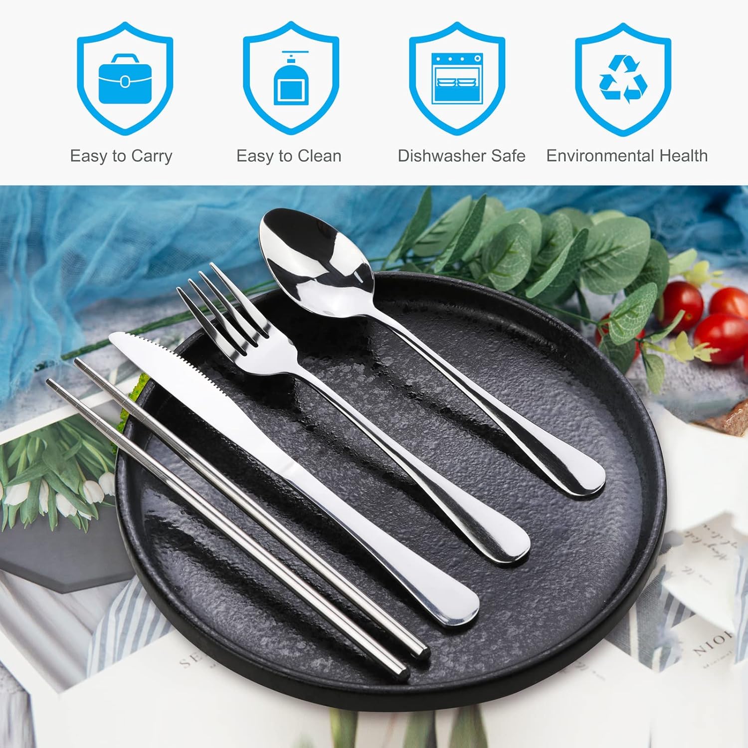 Portable Silverware Set with Case,  Travel Camping Utensils Set, Premium Stainless Steel Travel Cutlery Set