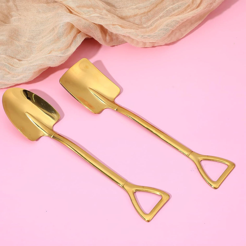 2PCS Mini Gold Shovel Spoons, Stainless Steel Shovel Spoons Square Head Pointed Reusable Spoon Set for Coffee Dessert Ice Cream Tea Appetizers New Home Couples Gift