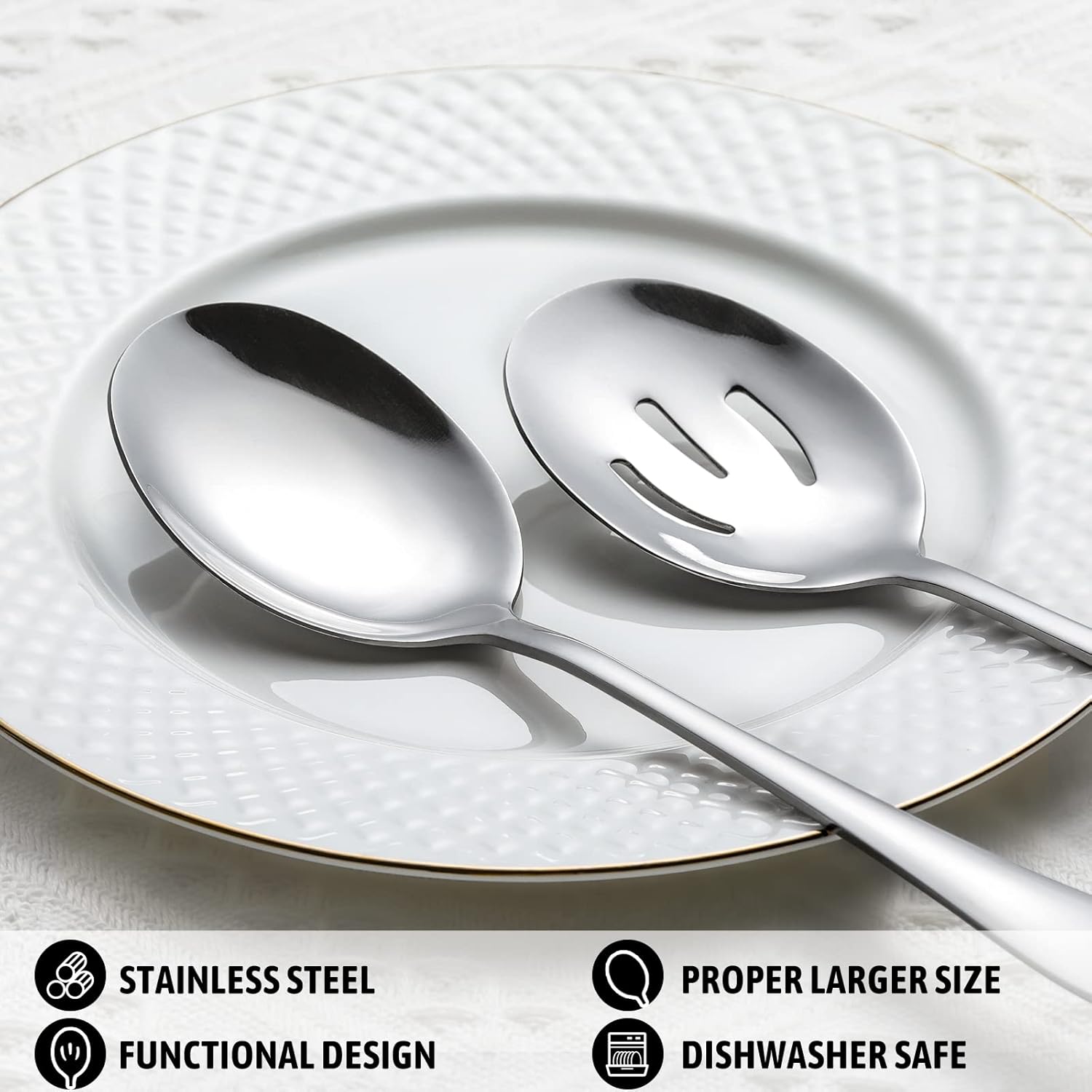 8-Piece Serving Set - Includes 4 Spoons and 4 Slotted Spoons, 18/8 Stainless Steel Buffet Utensils - Mirror Polished, Dishwasher Safe, 8.6-Inch