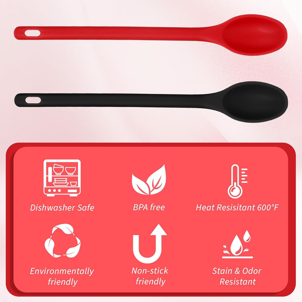 2Pcs Long Spoons for Stirring,Shimmeroo Mixing Spoons for Cooking Long Stirring Spoon for Baking Serving Stir Spoon (Red & Black)