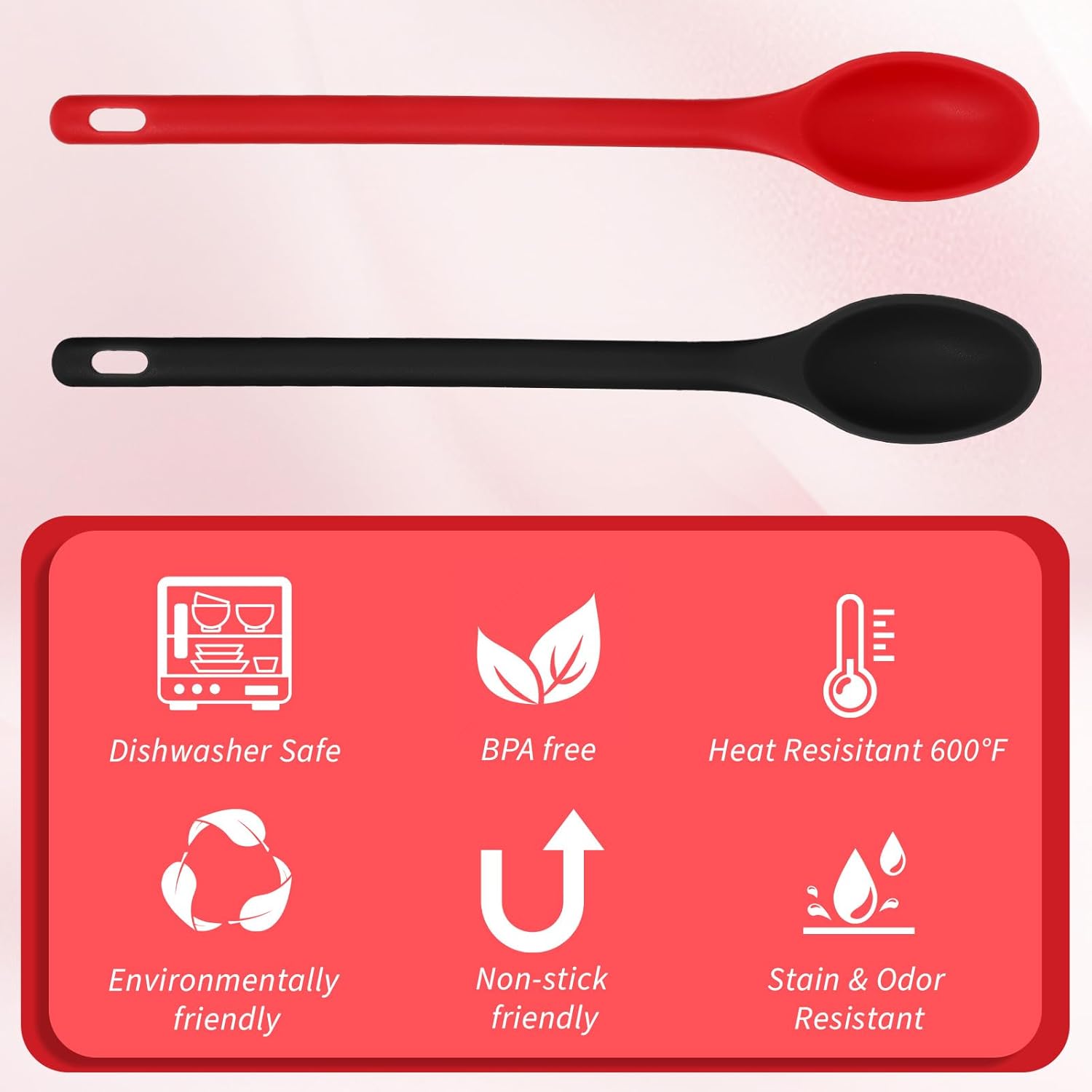 2Pcs Long Spoons for Stirring,Shimmeroo Mixing Spoons for Cooking Long Stirring Spoon for Baking Serving Stir Spoon (Red & Black)