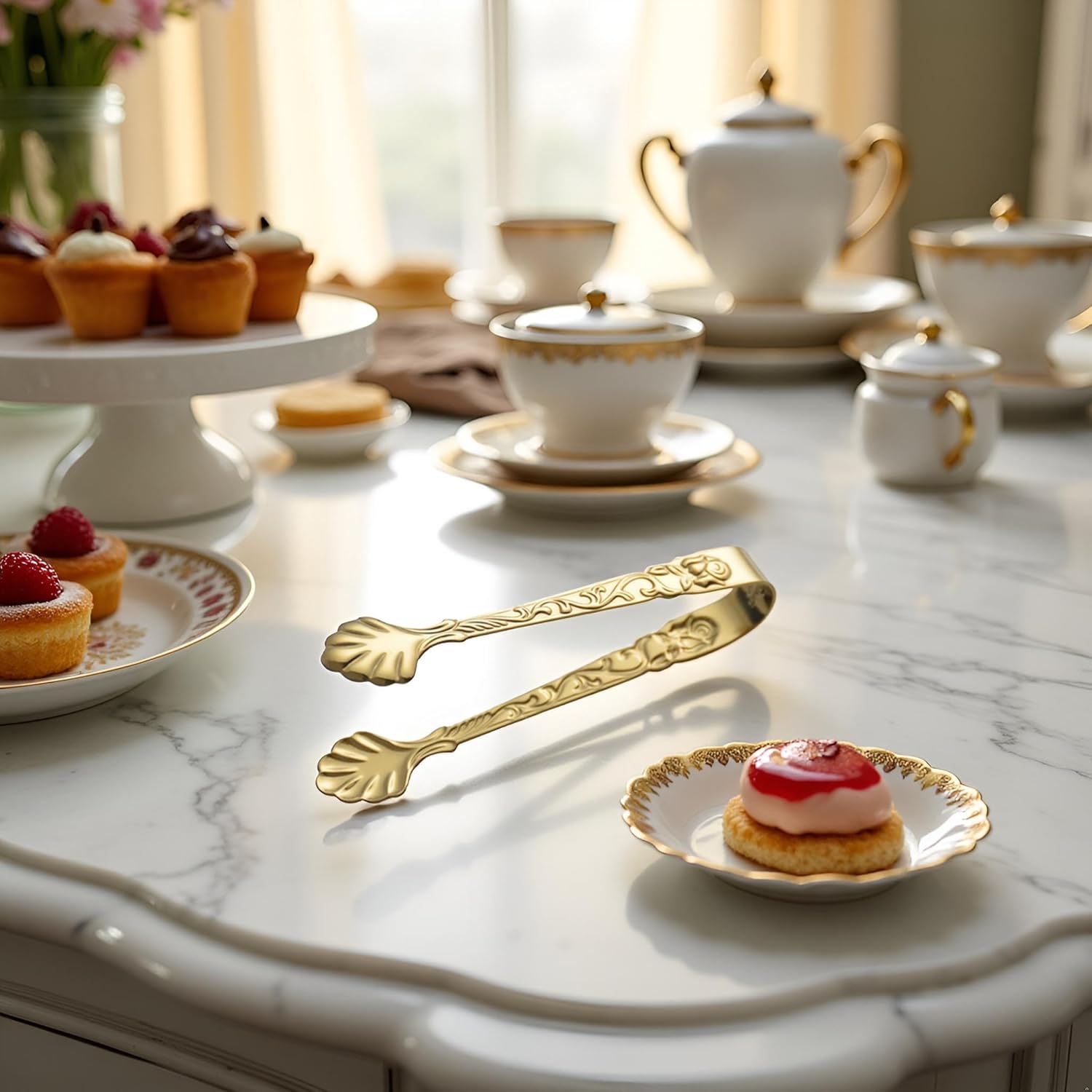 Gold Mini Serving Tongs, Vintage Rose Relief Handle Ice Cube Clips Sugar Tongs, Stainless Steel Sugar Cube Tongs, for Tea Coffee Appetizers Desserts Sugar Tongs