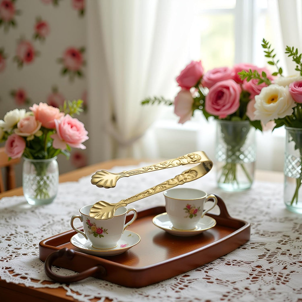 Gold Mini Serving Tongs, Vintage Rose Relief Handle Ice Cube Clips Sugar Tongs, Stainless Steel Sugar Cube Tongs, for Tea Coffee Appetizers Desserts Sugar Tongs