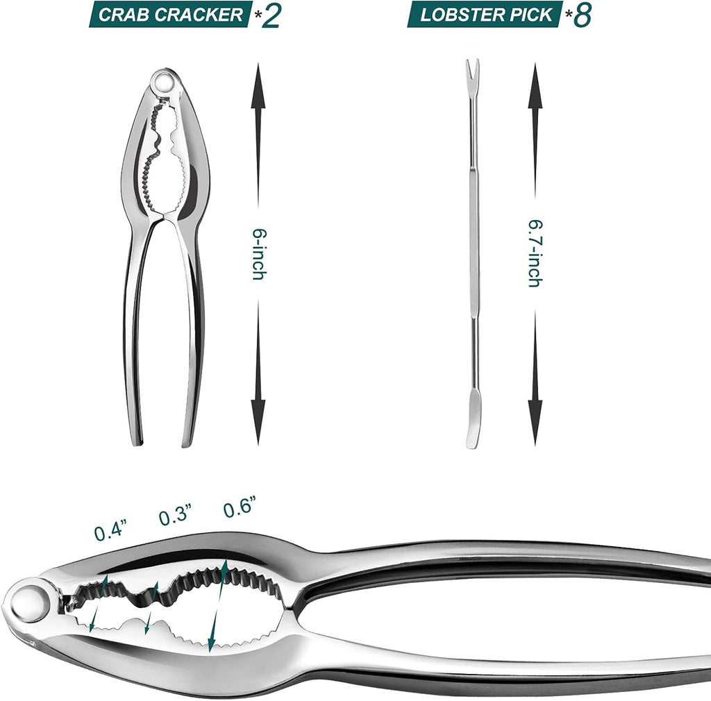 Lobster Crackers and Picks Set, 10-Piece Crab Leg Cracker Tools - Stainless Steel Seafood Crackers & Forks Nut Cracker Set - Dishwasher Safe