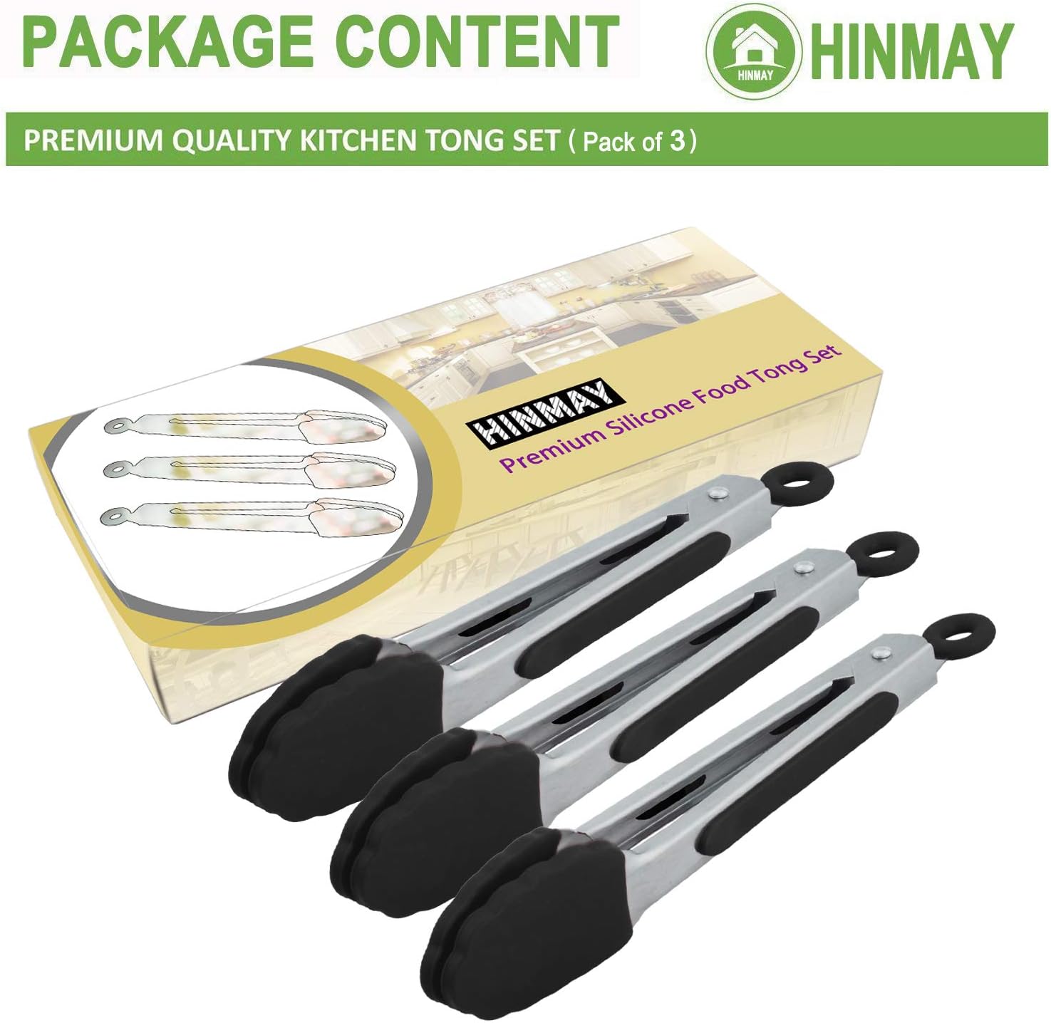 Small Serving Tongs with Silicone Tips 7 Inch Mini Stainless Steel Food Tongs, Set of 3 (Black)