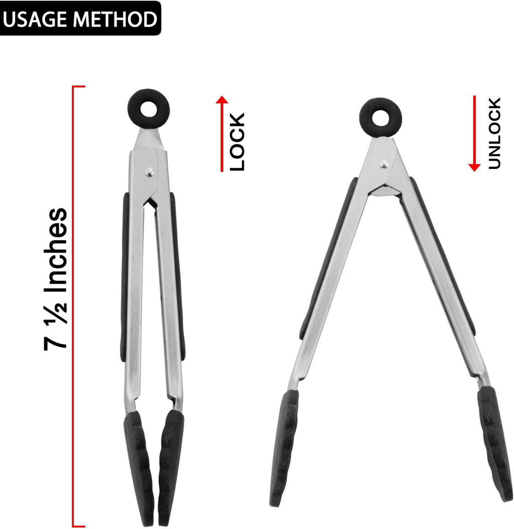 Small Serving Tongs with Silicone Tips 7 Inch Mini Stainless Steel Food Tongs, Set of 3 (Black)