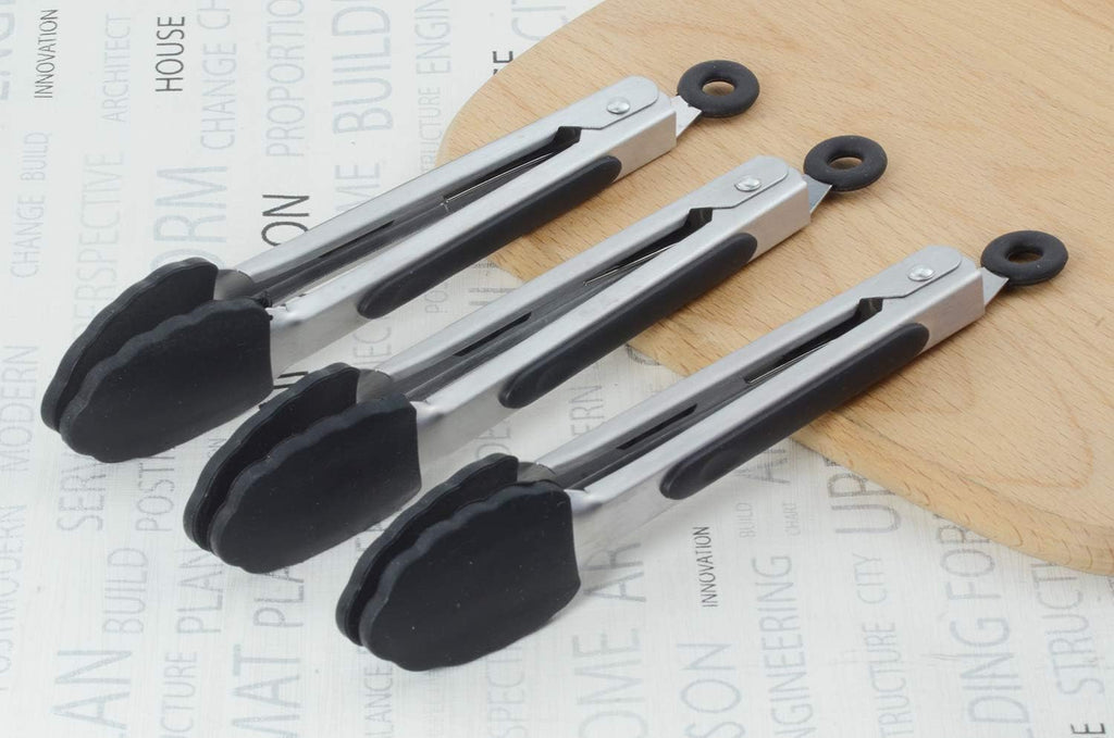 Small Serving Tongs with Silicone Tips 7 Inch Mini Stainless Steel Food Tongs, Set of 3 (Black)