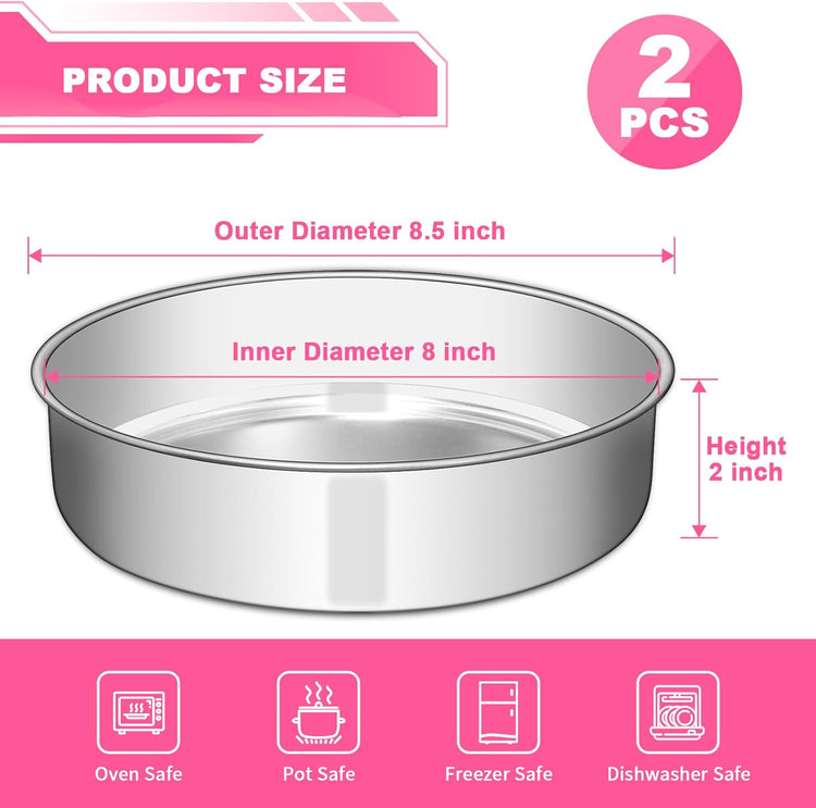 8 Inch Cake Pan Set of 2, Stainless Steel Round Layer Cake Baking Pans Tins, Non-Toxic - Flavour Fushion Cooking Shop