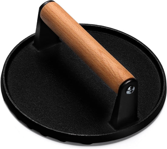 Burger Press, 7" Round Heavy-Duty Cast Iron Smash Bacon Press Meat Steak with Wood Handle for Griddle, Sandwich, Nonstick Pan - Flavour Fushion Cooking Shop