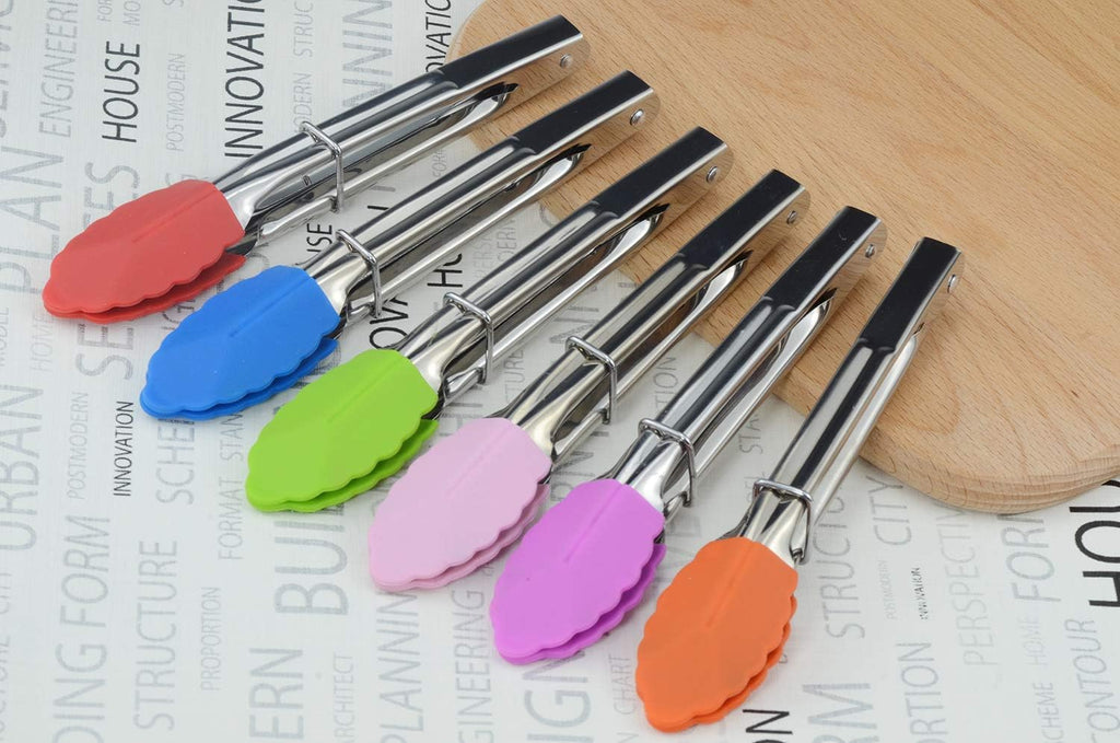 Small Tongs with Silicone Tips 7-Inch Mini Serving Tongs, Set of 6 (Green Red Blue Purple Pink Orange)