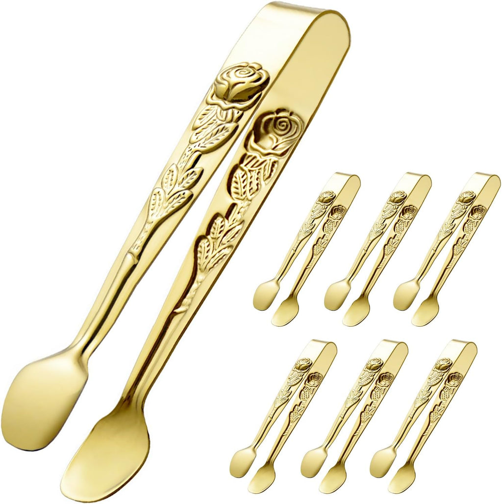 6PCS Mini Serving Tongs 5-Inch Small Rose Sugar Cube Appetizer Tongs, Tiny l Tong for Tea Party, Coffee Bar, Desserts (Gold)