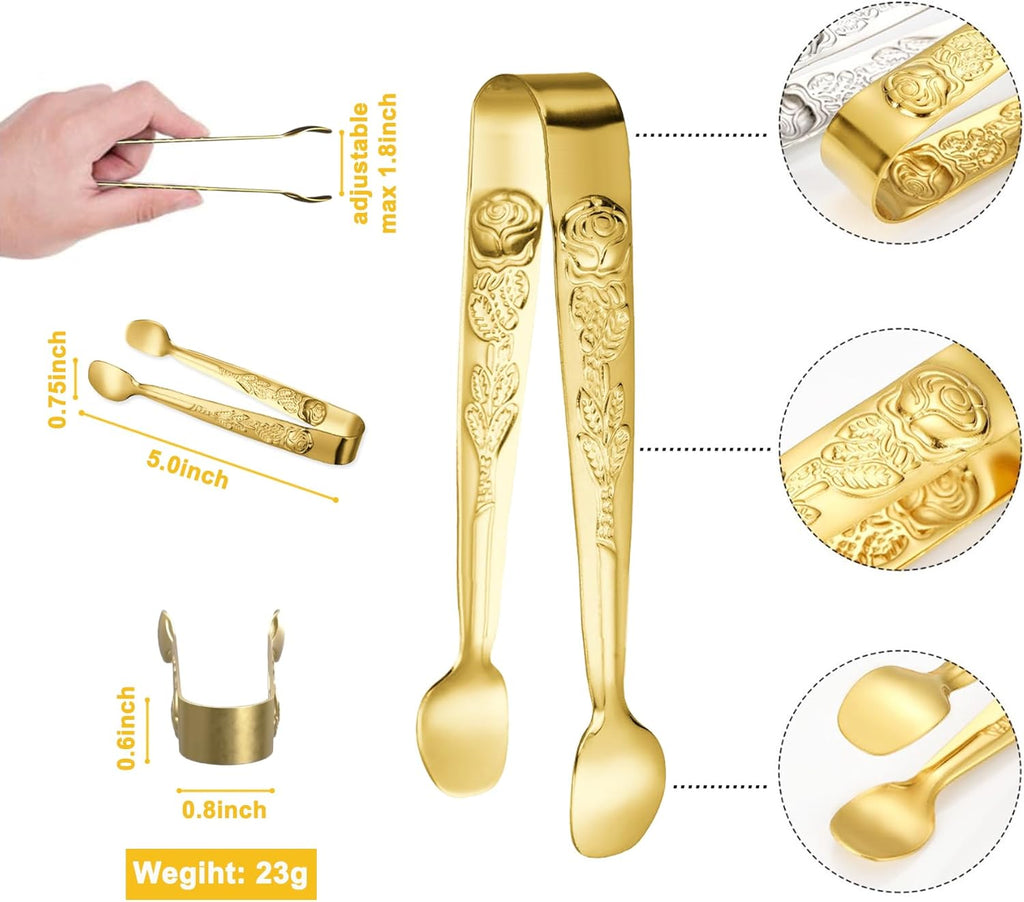 6PCS Mini Serving Tongs 5-Inch Small Rose Sugar Cube Appetizer Tongs, Tiny l Tong for Tea Party, Coffee Bar, Desserts (Gold)