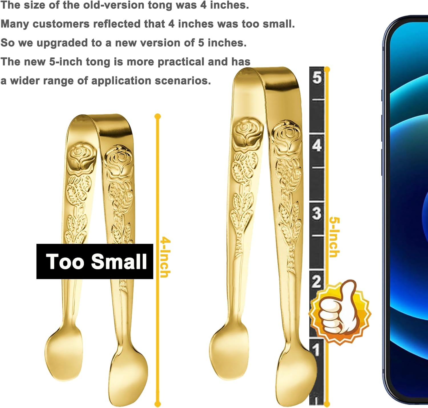 6PCS Mini Serving Tongs 5-Inch Small Rose Sugar Cube Appetizer Tongs, Tiny l Tong for Tea Party, Coffee Bar, Desserts (Gold)