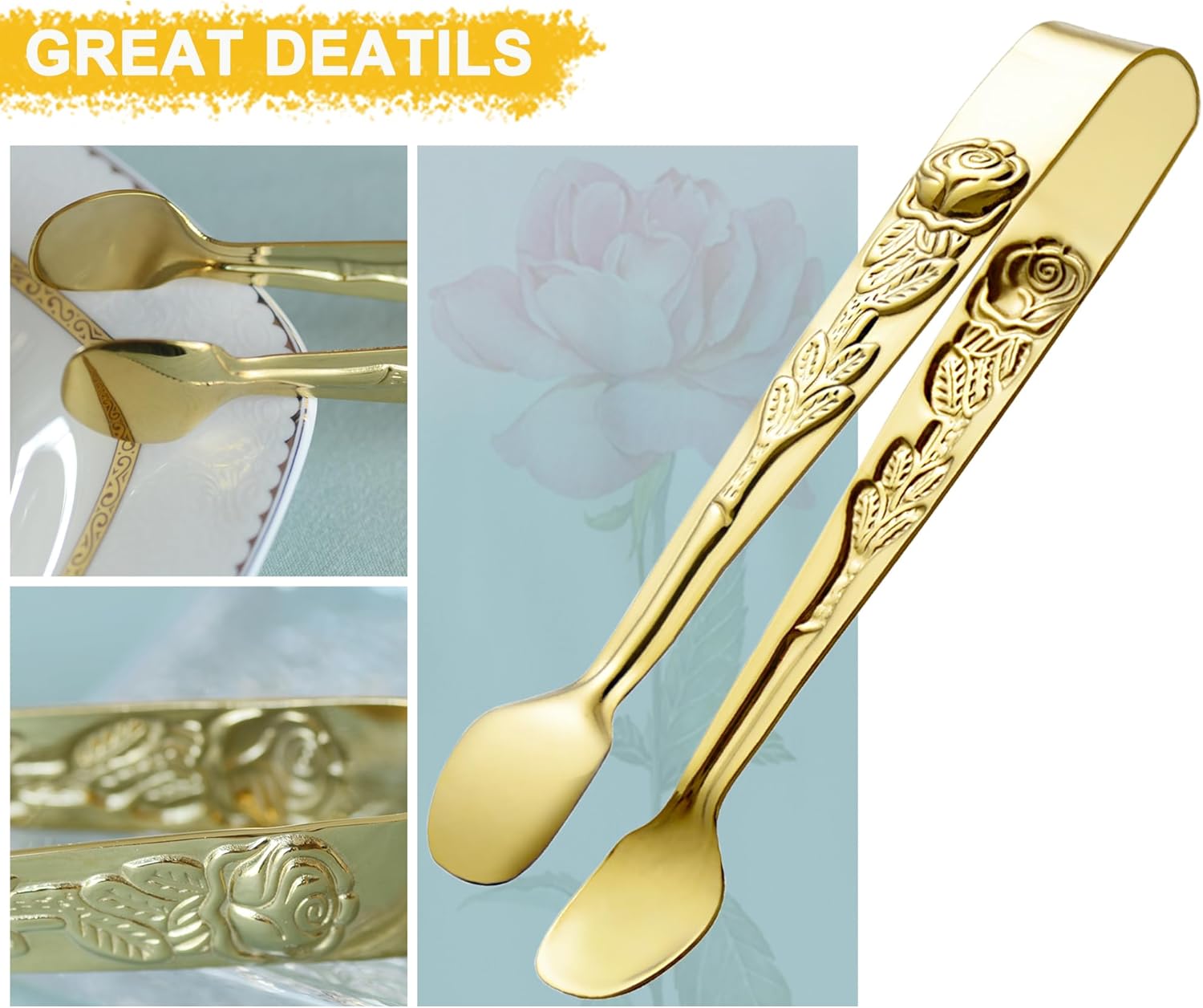 6PCS Mini Serving Tongs 5-Inch Small Rose Sugar Cube Appetizer Tongs, Tiny l Tong for Tea Party, Coffee Bar, Desserts (Gold)