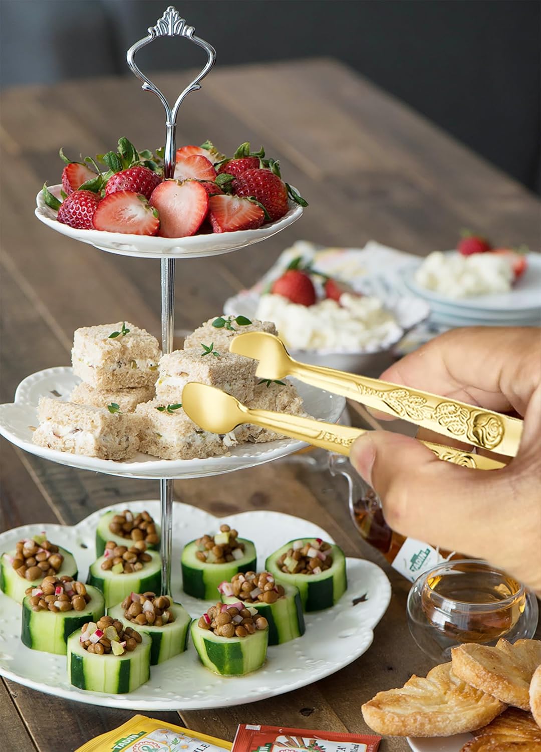 6PCS Mini Serving Tongs 5-Inch Small Rose Sugar Cube Appetizer Tongs, Tiny l Tong for Tea Party, Coffee Bar, Desserts (Gold)