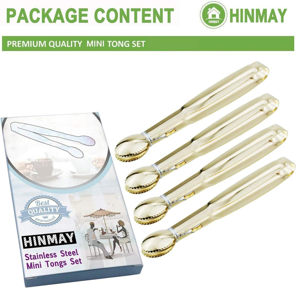 5.75" Mini Appetizer Tongs Set, Tiny Stainless Steel Small Tongs for Serving, Tea Party, Coffee Bar, Desserts, Set of 4 (Gold)