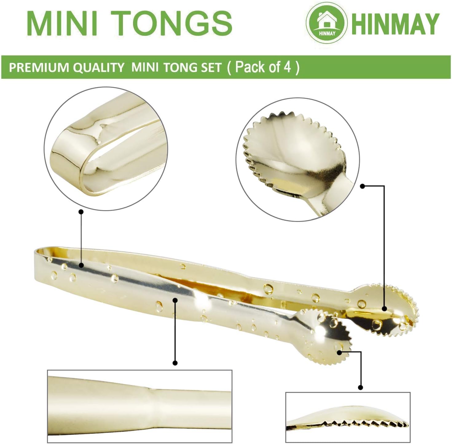 5.75" Mini Appetizer Tongs Set, Tiny Stainless Steel Small Tongs for Serving, Tea Party, Coffee Bar, Desserts, Set of 4 (Gold)