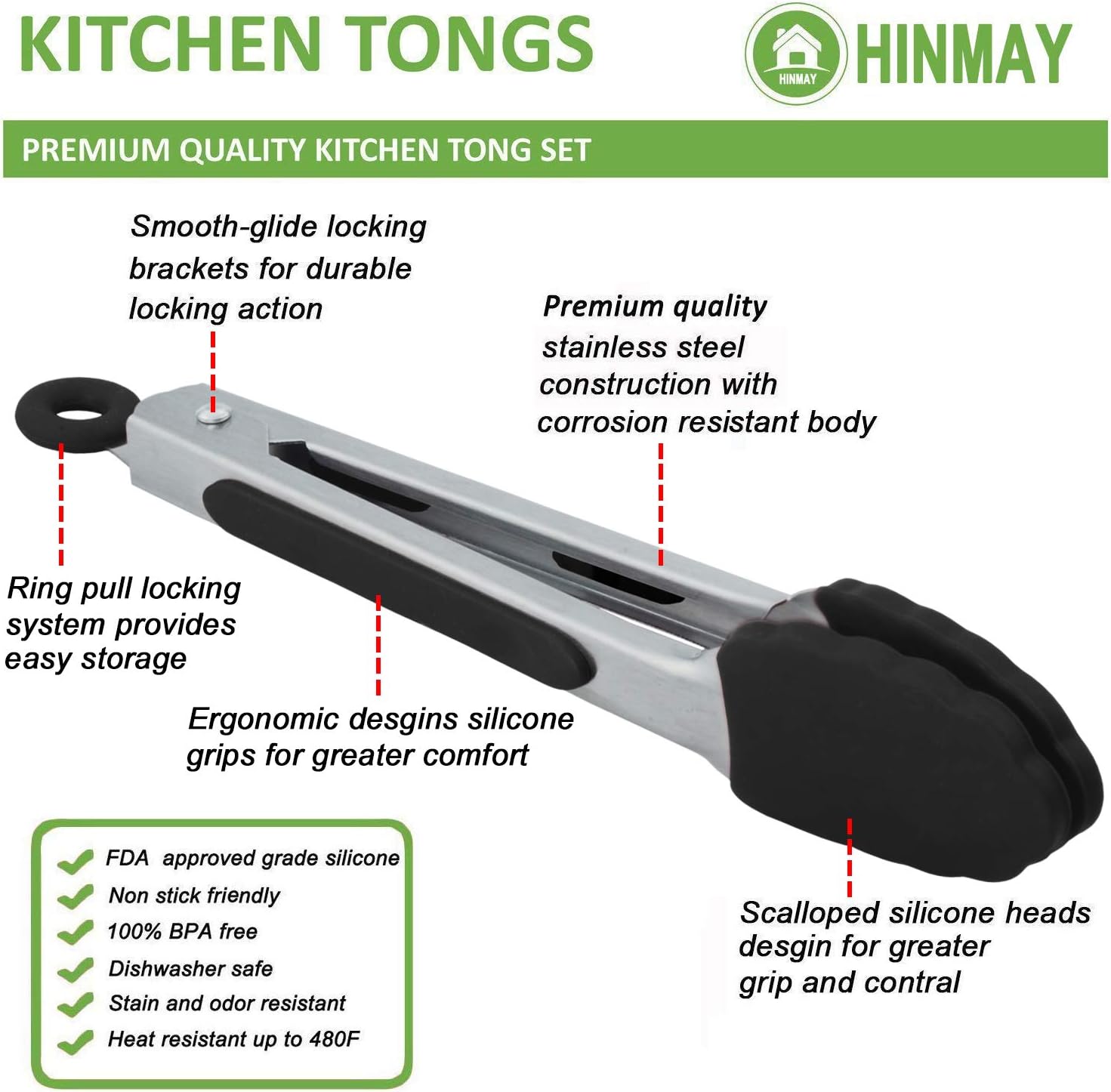 Small Serving Tongs with Silicone Tips 7 Inch Mini Stainless Steel Food Tongs, Set of 3 (Black)
