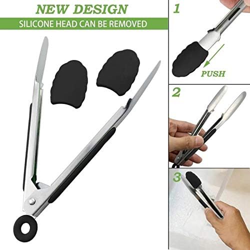 Small Serving Tongs with Silicone Tips 7 Inch Mini Stainless Steel Food Tongs, Set of 3 (Black)