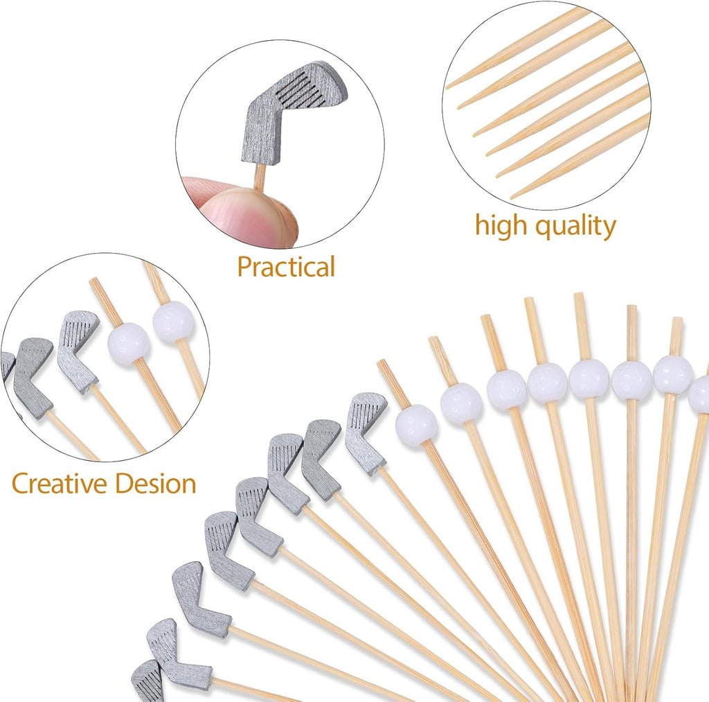 100 Pack Golf Toothpicks, Bamboo Cocktail Picks, Natural Bamboo Toothpicks for Appetizers Fruit Cake Dessert Barbecue Snacks Sandwiches (Golf Ball)