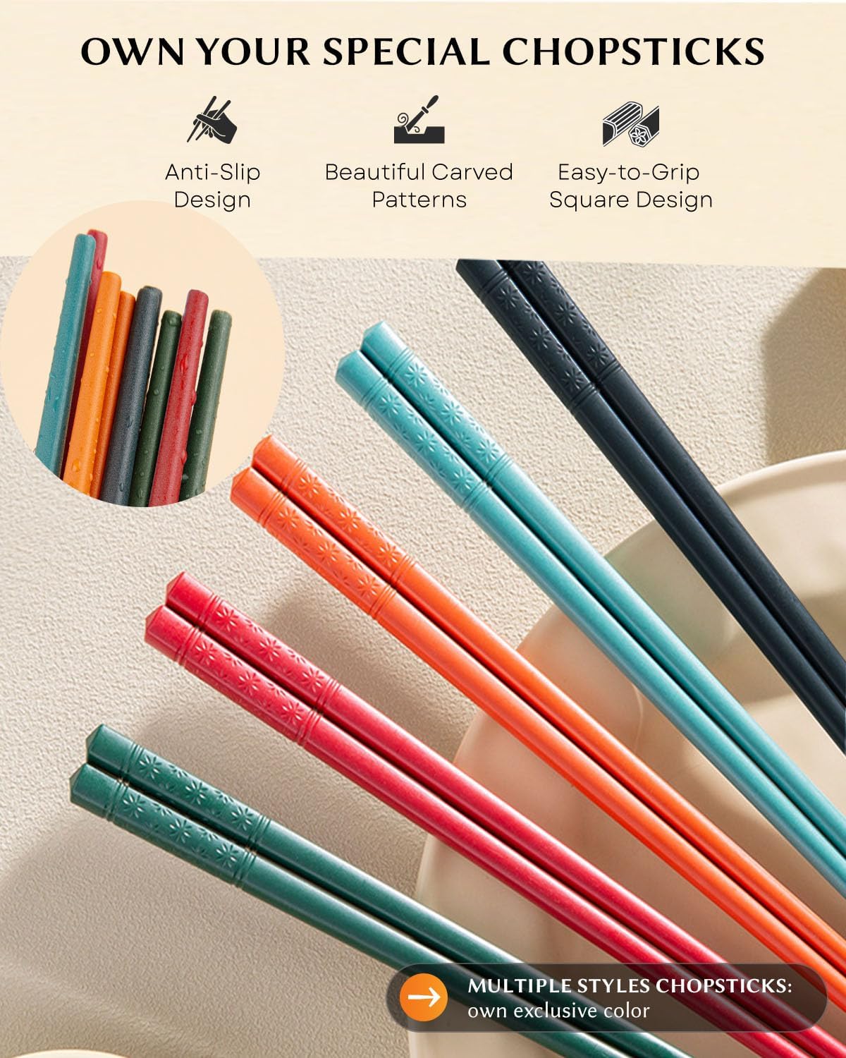 5 Pairs Reusable Training Chopsticks, 9.45 Inch Dishwasher Safe Fiberglass Japanese Training Chopsticks for Beginner, Non-Slip, Easy to Use(colorful)
