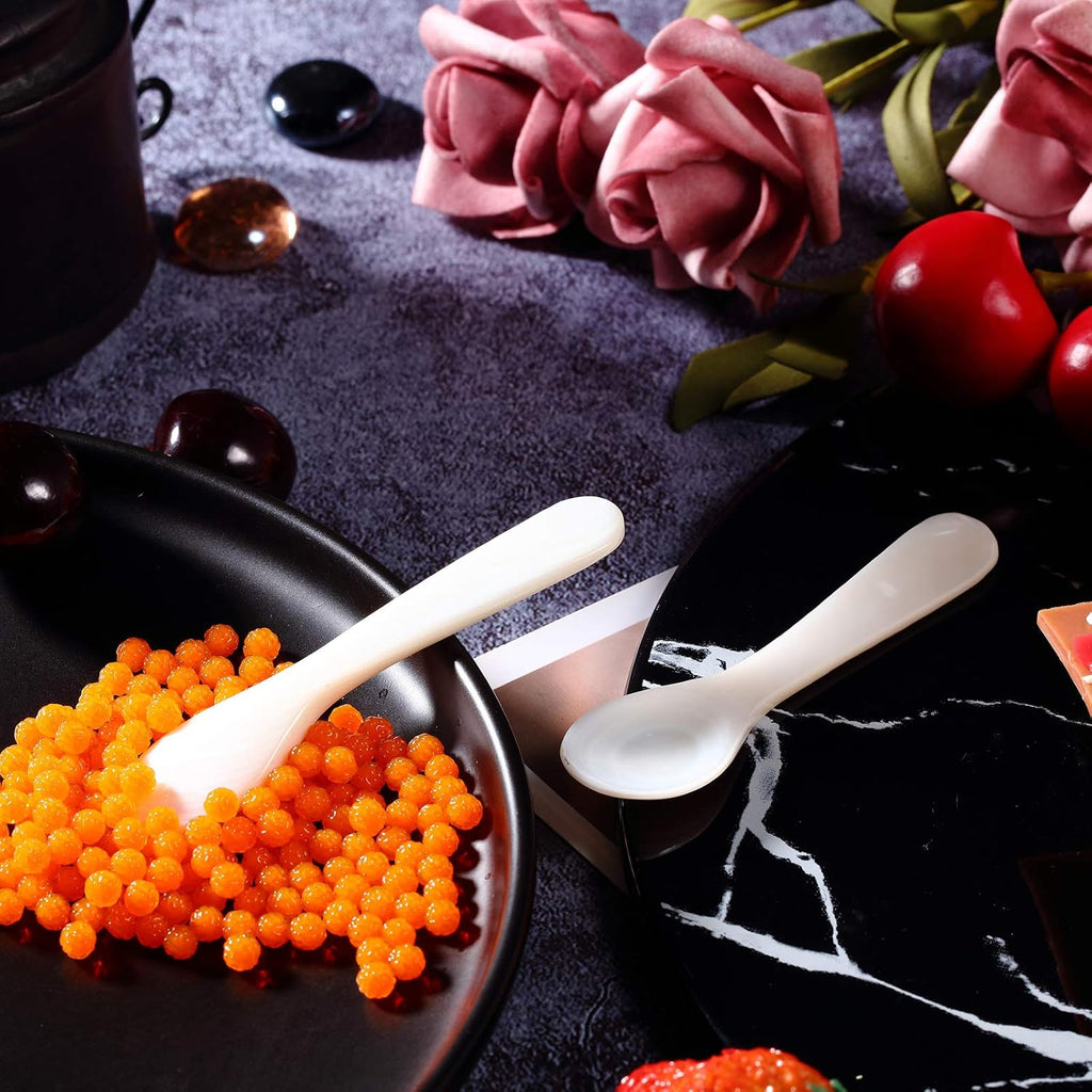 2 Pieces Set of Caviar Spoons Mother of Pearl Spoons with Handcraft Round Handle for Caviar, Egg, Ice Cream, Coffee, Kitchen, Restaurant for Serving Caviars (9cm/3.54 Inch)