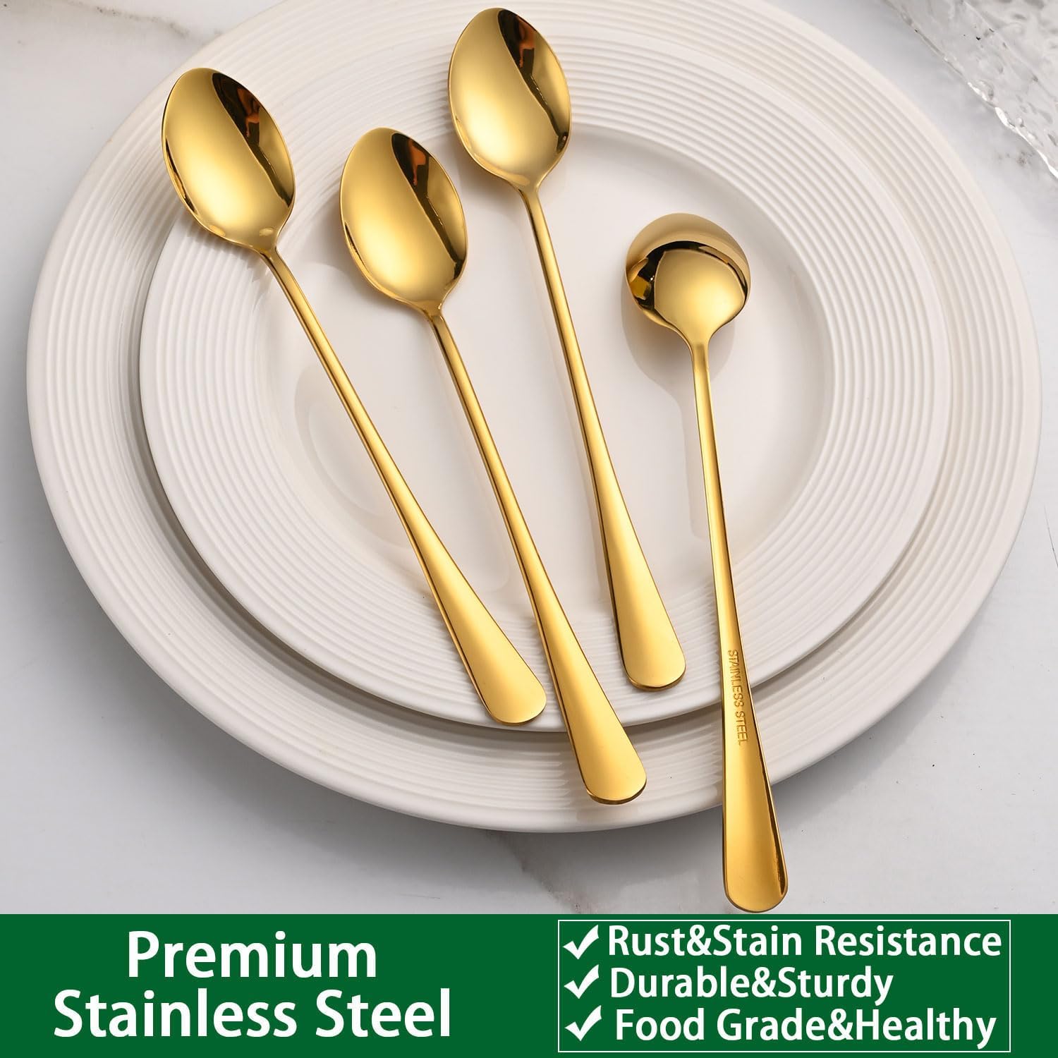 7.5 Inch Gold Iced Tea Spoons,Set Of 8 Stainless Steel Long Coffee Spoons,Long Handle Stirring Spoon For Dessert,Coctails,Ice Cream,Milk,Iced Teaspoons For Bar