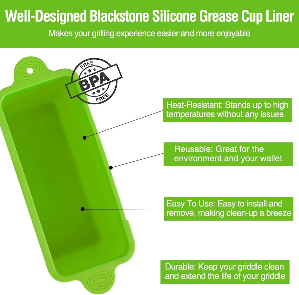 2 Pack Blackstone Silicone Grease Cup Liners for 36 28 22 17 Inch Griddle, Reusable Grease Catcher Liner Grill Grease Tray Blackstone Accessories, Replacement of Aluminum Foil Drip Pans, Green