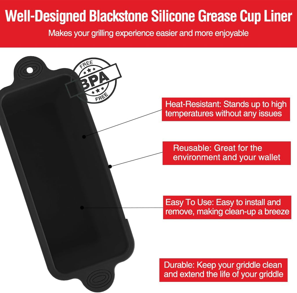 2 Pack Blackstone Silicone Grease Cup Liners for 36 28 22 17 Inch Griddle, Reusable Catcher Liner Grill Grease Tray Blackstone Accessories, Replacement of Aluminum Foil Drip Pans, Black