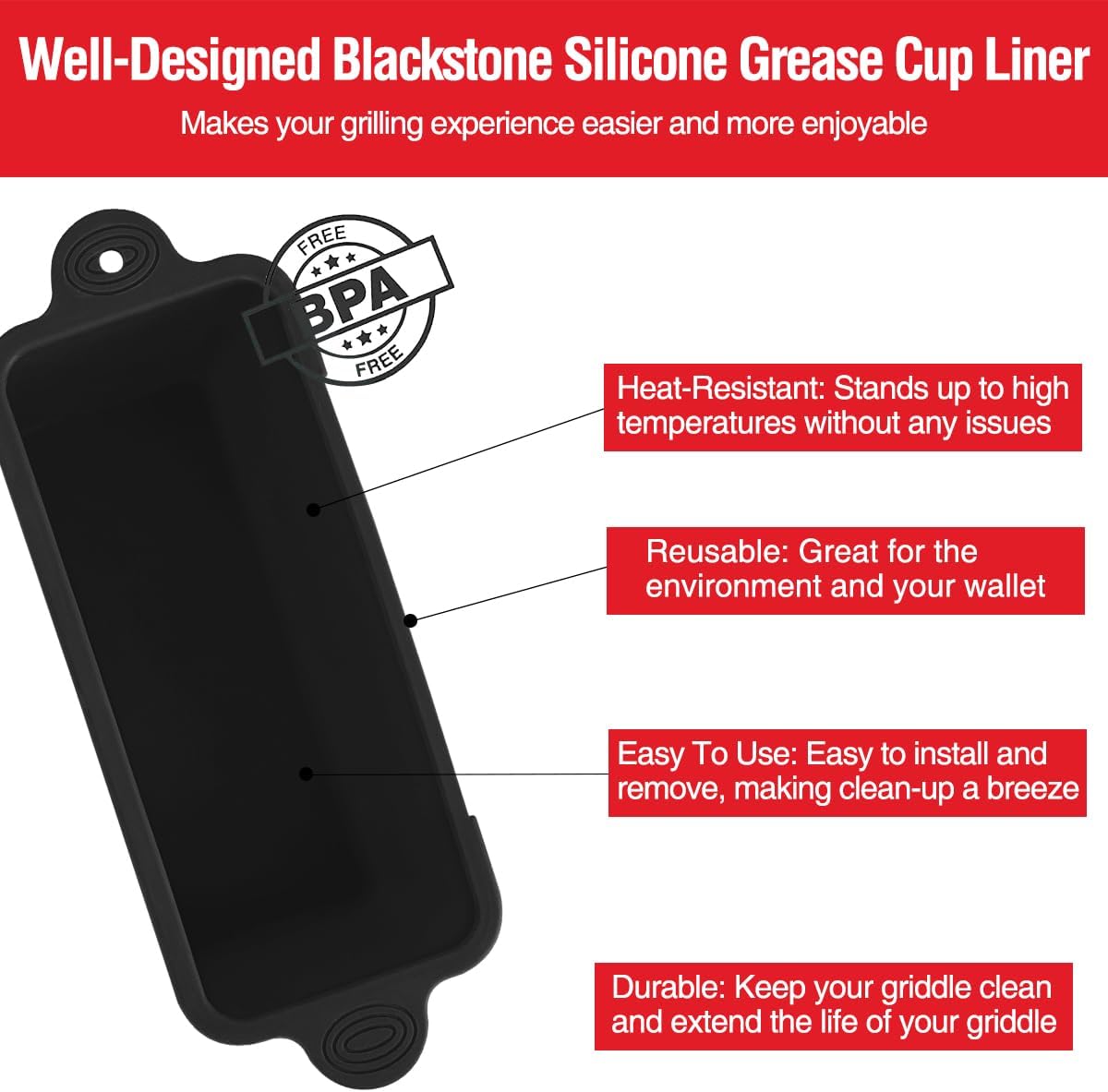 2 Pack Blackstone Silicone Grease Cup Liners for 36 28 22 17 Inch Griddle, Reusable Catcher Liner Grill Grease Tray Blackstone Accessories, Replacement of Aluminum Foil Drip Pans, Black