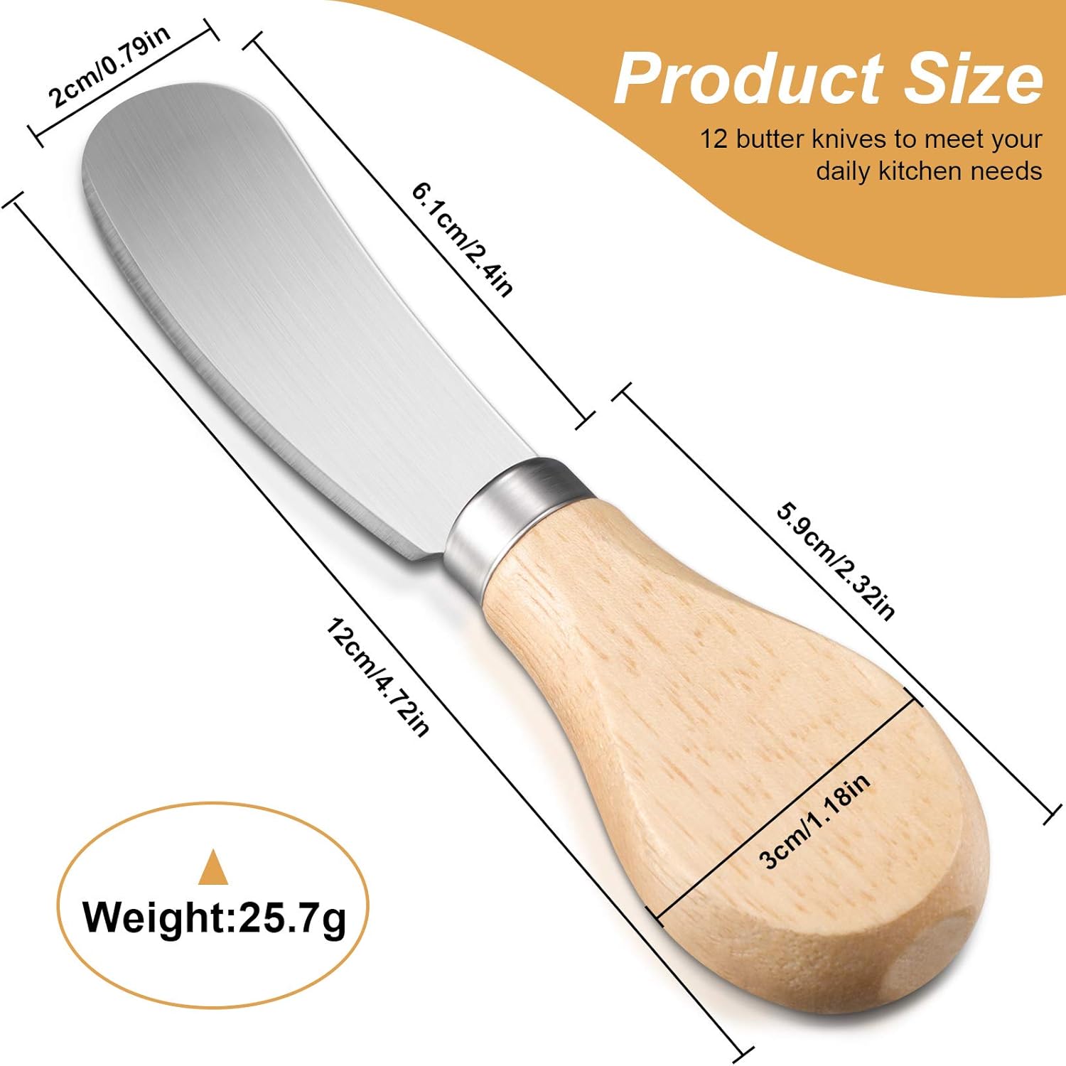 12 Pcs Cheese Spreader Knives Butter Knife Bulk Stainless Steel Butter Spreader Knives with Wooden Handle, Cheese Cake Condiment Knife Set for Sandwich, Cream, Charcuterie, Pastry, 4.7 Inch