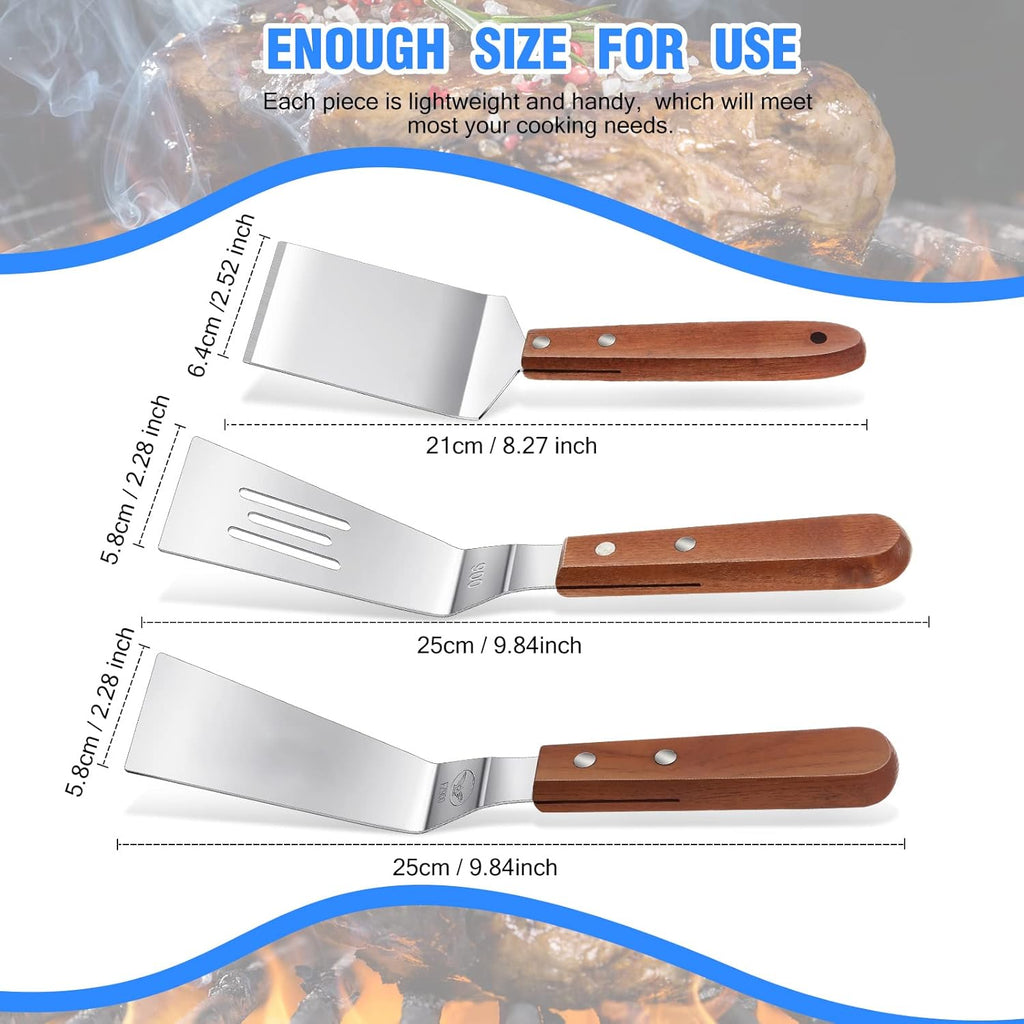 3 Pieces Stainless Steel Cooking Spatula Set Flat Top Metal Spatula Stainless Steel Wire Cheese Cutter Tool Slotted Spatula with Wooden Handle for Grilling Frying and Cooking