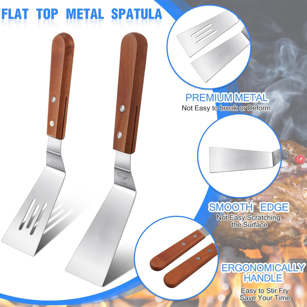3 Pieces Stainless Steel Cooking Spatula Set Flat Top Metal Spatula Stainless Steel Wire Cheese Cutter Tool Slotted Spatula with Wooden Handle for Grilling Frying and Cooking