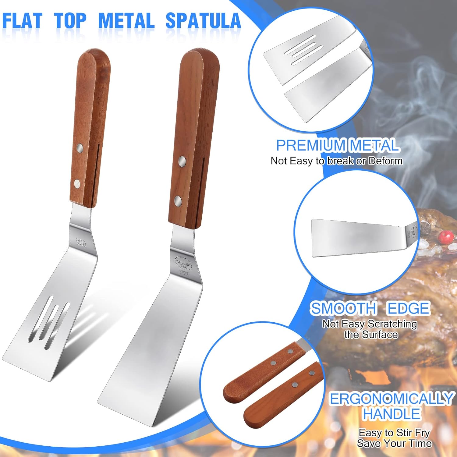 3 Pieces Stainless Steel Cooking Spatula Set Flat Top Metal Spatula Stainless Steel Wire Cheese Cutter Tool Slotted Spatula with Wooden Handle for Grilling Frying and Cooking