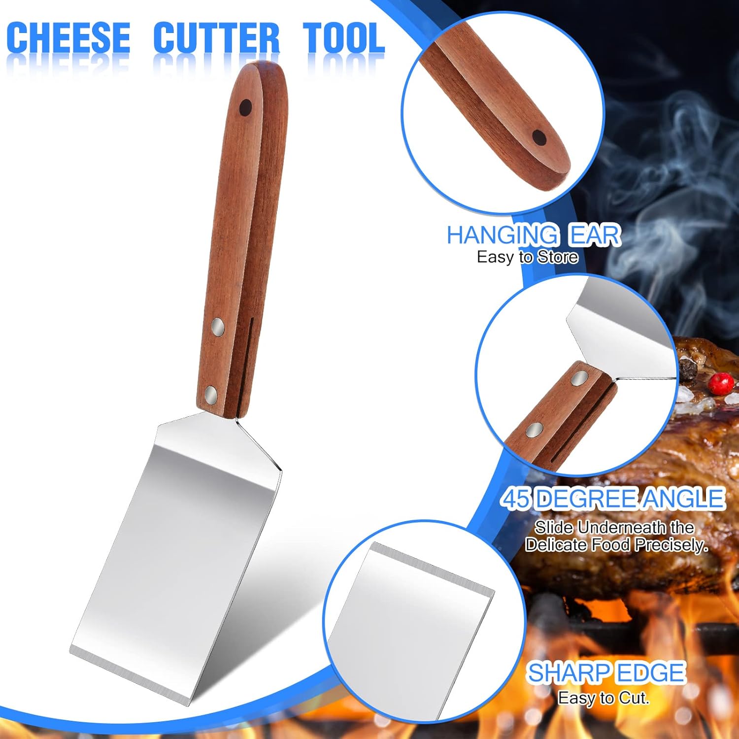 3 Pieces Stainless Steel Cooking Spatula Set Flat Top Metal Spatula Stainless Steel Wire Cheese Cutter Tool Slotted Spatula with Wooden Handle for Grilling Frying and Cooking