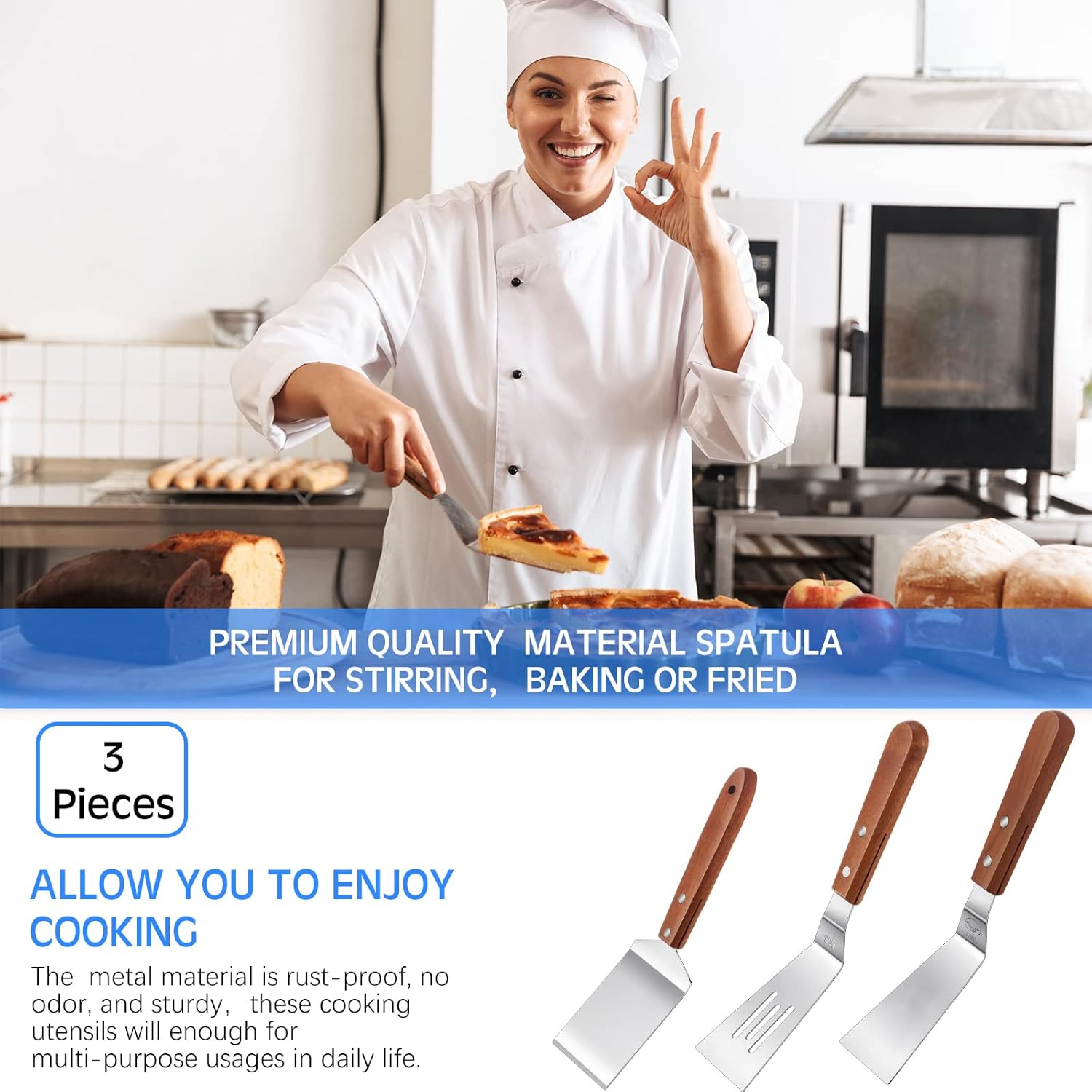 3 Pieces Stainless Steel Cooking Spatula Set Flat Top Metal Spatula Stainless Steel Wire Cheese Cutter Tool Slotted Spatula with Wooden Handle for Grilling Frying and Cooking