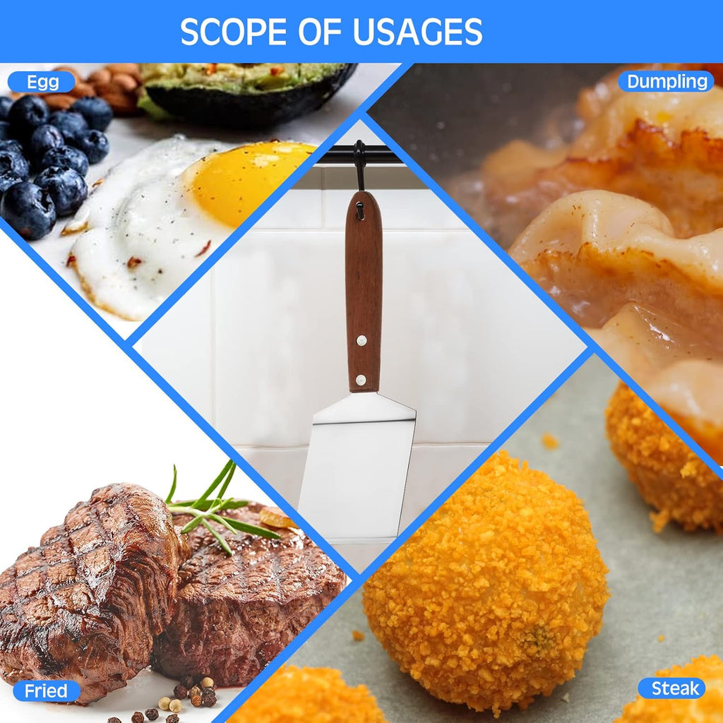 3 Pieces Stainless Steel Cooking Spatula Set Flat Top Metal Spatula Stainless Steel Wire Cheese Cutter Tool Slotted Spatula with Wooden Handle for Grilling Frying and Cooking
